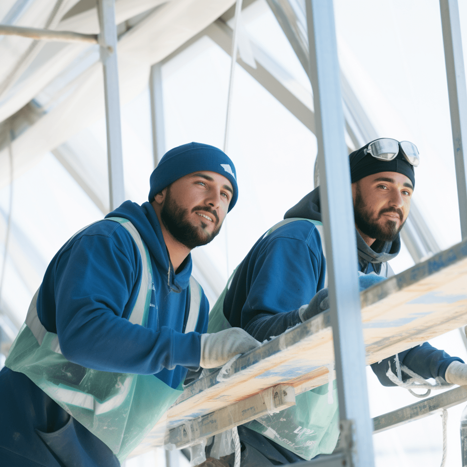 Two Top 1 Roofing crew members working on a roof structure