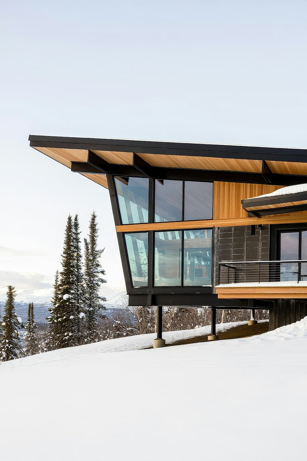 Modern home with a new dark roof and extended wood overhang