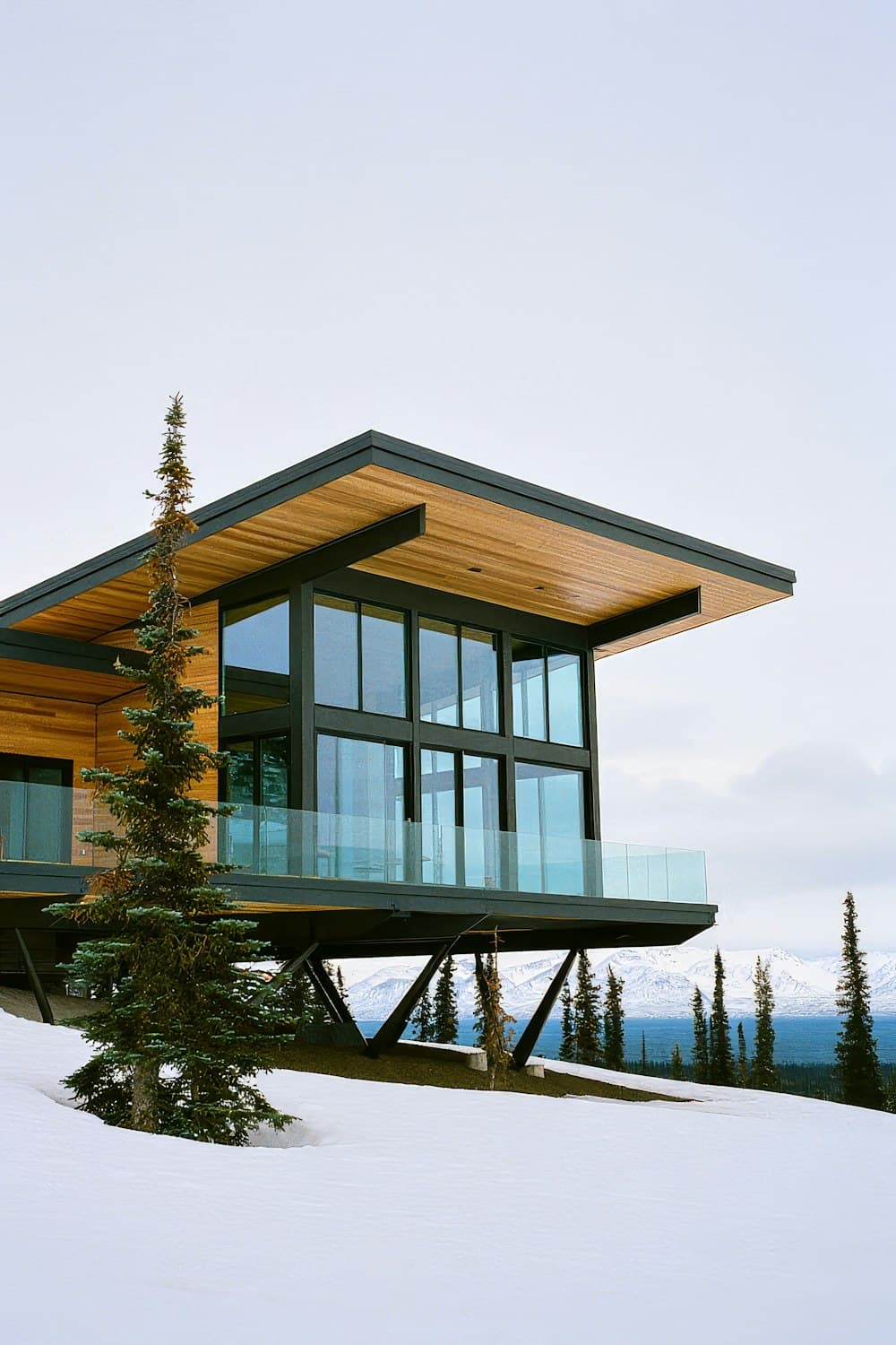 Hillside home with a low-slope roof and wood soffits