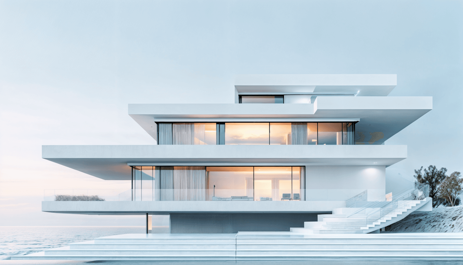 White modern building with several flat roof levels by the coast